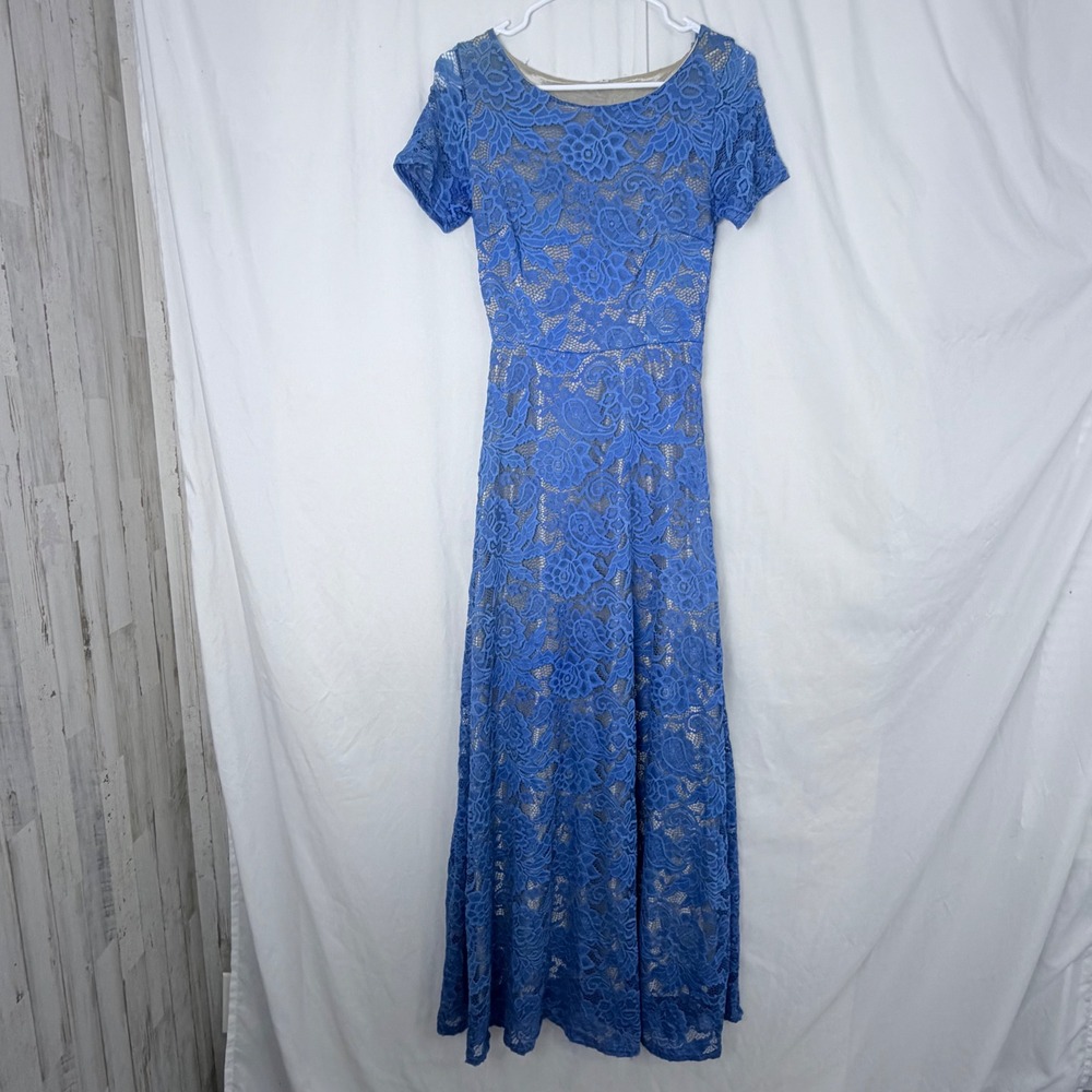 Yong Chun Blue Floral Lace Maxi Dress Short Sleeve Formal Women's Medium